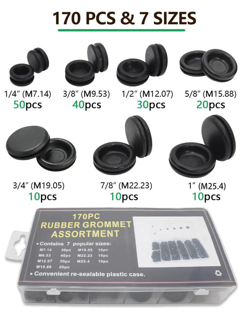 Assorted rubber grommets kit for automotive wiring, 170 pcs, 0.25 to 1 inch sizes, durable elastic rubber, includes case