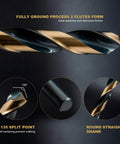 Close-up of drill bit from Drill Bit Set 29 Pc High Speed Steel With 135 Degree Split Point Black And Gold Oxide Finish Self Centering