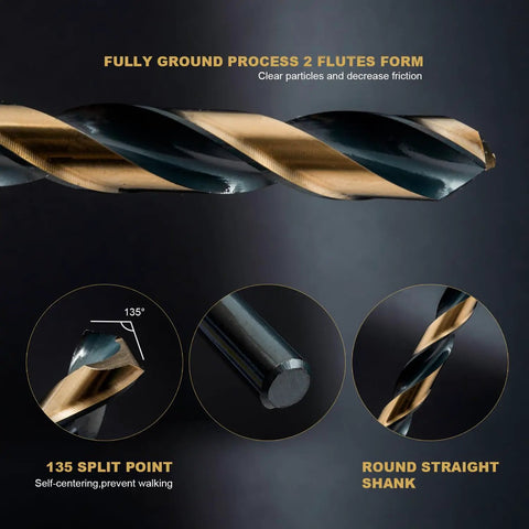 Close-up of drill bit from Drill Bit Set 29 Pc High Speed Steel With 135 Degree Split Point Black And Gold Oxide Finish Self Centering