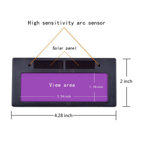Solid Gear Solar Powered Auto Darkening Welder Lens Upgrade For Daily Helmets displays 4.28 x 2 inch lens with solar panel.