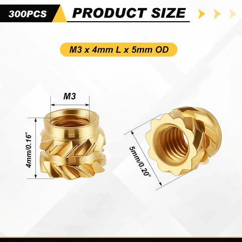 300 Pcs M3 Heat Set Threaded Brass Inserts Knurled For Plastic 3D Printing Secure Fastening M3 x D5 x L4 Bulk Pack