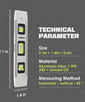 Technical specifications of Magnetic 9 Inch Box Level Torpedo Level With 45 90 180 Degree Bubbles