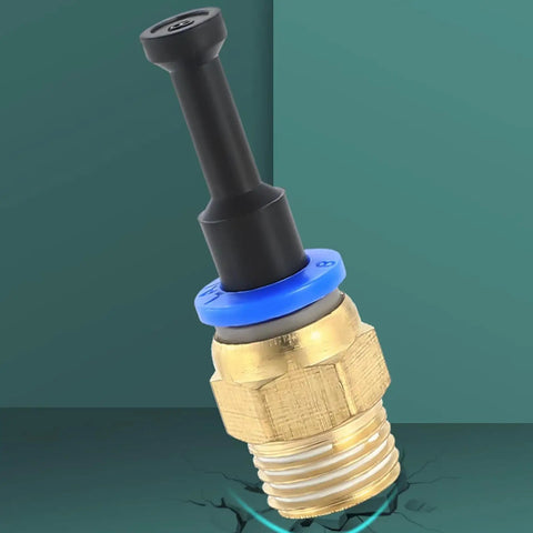 Close-up of push-to-connect pneumatic fitting with brass thread, part of 60-Piece Push To Connect Pneumatic Fittings And Blank Plugs Set