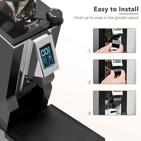 No Sweat Coffee Grinder Chute And Spout Funnel Duo For Standard Espresso Bean Routing; easy installation guide on black grinder.