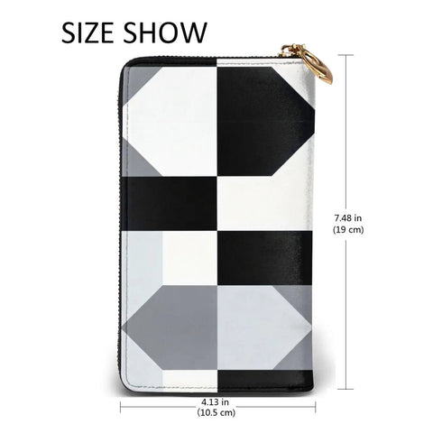 Top Shelf Black And White Piano Plate Grid Long Wallet Premium Synthetic Leather Zipper Closure with dimensions 7.48 x 4.13 in.