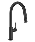 Matte black Torak Filter Faucet with a sleek curved neck and pull-down sprayer for kitchen use.