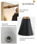 Close-up of 4 Light Black And Gold Vanity Light with metal shade, gold frame, E26 base, white inner cover, farmhouse style