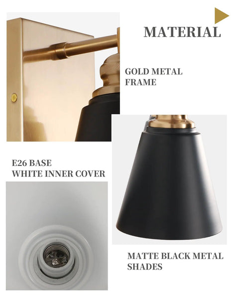 Close-up of 4 Light Black And Gold Vanity Light with metal shade, gold frame, E26 base, white inner cover, farmhouse style