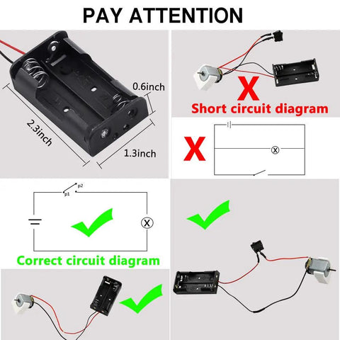 Kids DIY DC Motor Kit With 131 Pieces And 66 Gears Six Pack Bundle circuit diagram and battery holder illustration