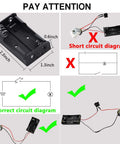 Made For Makers Sntieecr 6 Piece Dc Motors Kit with AA battery holder, wiring diagrams showing correct and short circuit setups.