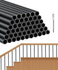 Straight Up Premium Aluminum Deck Balusters 51 Pack, 36 Inch Round Stair Spindles stacked with a wooden staircase background.