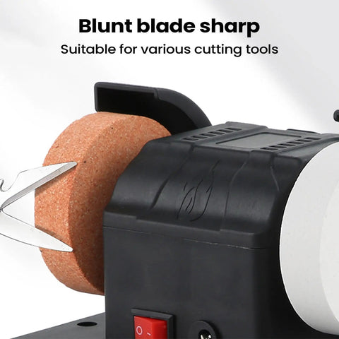 Badass Compact Table Grinder Featuring Dual Polish Discs For Quick Blade Sharpening Rust Stripping And Smooth Benchtop Finishing with blunt blade and grinding wheel.