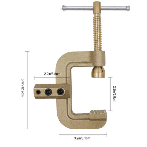 Heavy Duty 400A C Style Welding Ground Clamp With Screw Lock Solid Brass Earth Clamp showing dimensions in inches and cm
