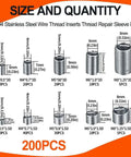 Robust 200 Piece Thread Repair Kit With Stainless Steel Inserts For Damaged Threads M3 To M8 size and quantity chart
