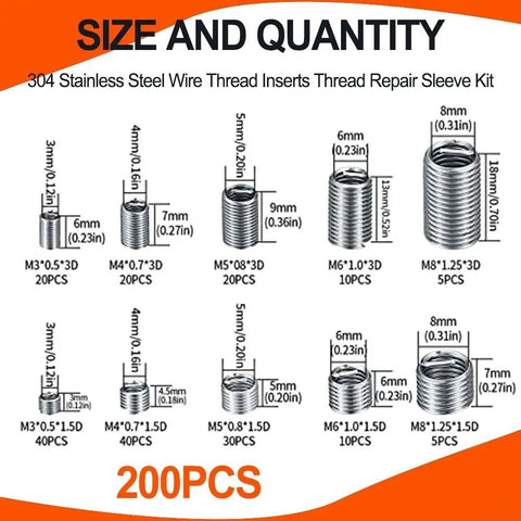 Robust 200 Piece Thread Repair Kit With Stainless Steel Inserts For Damaged Threads M3 To M8 size and quantity chart