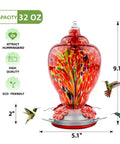 Colorful Hand Blown Glass Hummingbird Feeder For Outdoors Patio Large 32 Ounce With Ant Moat Hanging Hook Rope Cleaning Brush And Service Card Red Firework