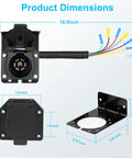 Built Tough 7 Pin Trailer Connector with mounting bracket, color-coded wiring harness, product dimensions shown.