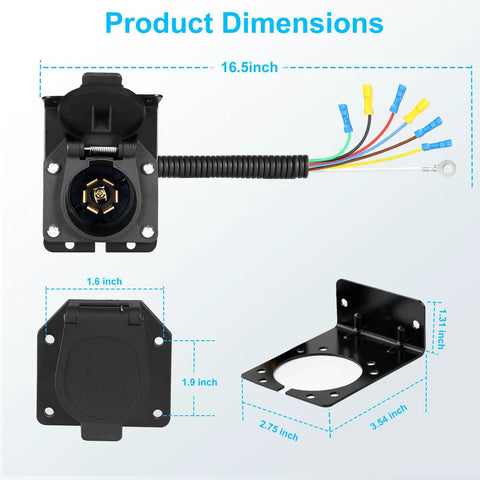 Built Tough 7 Pin Trailer Connector with mounting bracket, color-coded wiring harness, product dimensions shown.