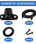 Black marine-grade twist-lock fasteners collage: 25 turn-button bases, 25 eyelet rings, 25 washers, 50 screws.
