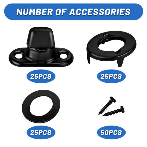 Black marine-grade twist-lock fasteners collage: 25 turn-button bases, 25 eyelet rings, 25 washers, 50 screws.