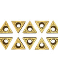 Ten gold TCMT32.51 carbide turning inserts, triangular with center hole, for external turning of steel.