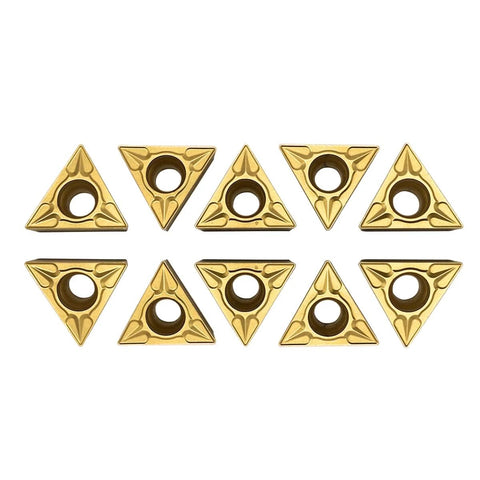 Ten gold TCMT32.51 carbide turning inserts, triangular with center hole, for external turning of steel.