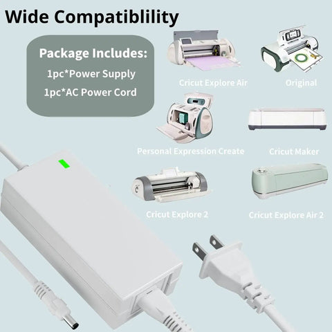 Replacement 18V Power Cord For Cricut Cutting Machines White AC DC Power Adapter Your Go To Power Solution For Explore Air 2 Maker Expression 2 Explore One And Other Explore Models with compatibility images.
