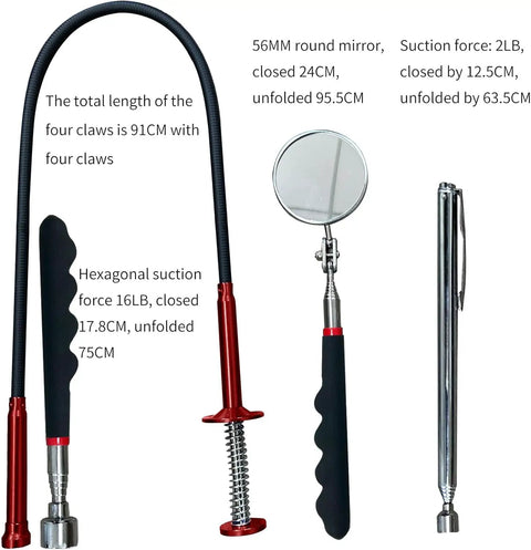 Heavy Duty Four In One Telescoping Magnetic Pickup Tool Set With Flexible Claw Grabber 16 Lb Magnet Stick 2 Lb Pocket Magnet Pen 360 Degree Inspection Mirror For Gearheads And DIYers