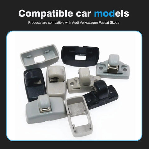 Two Pack Interior Sun Visor Clip Hook Bracket with Anti Vibration Design Replacement for VW Golf Passat Beetle Jetta Polo Skoda Black Built Tough ABS Plastic Durable Retainer Holder shown in multiple color options.