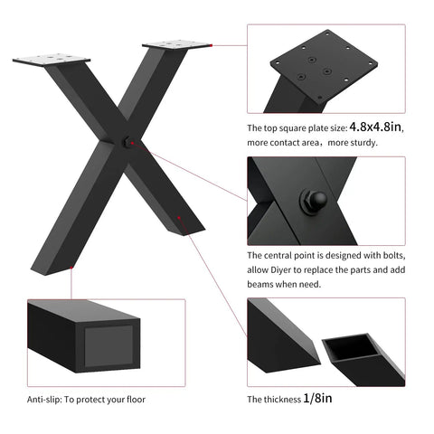 Beefy Heavy Duty 28 Inch Black Metal Table Legs Set Of 2 X Frame Design showing close-up details and measurements.