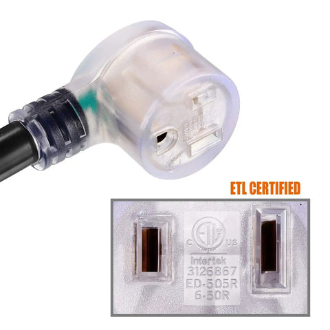 Heavy Duty 25 Ft Welding Extension Cord 8 AWG Copper 40A 250V Lighted End NEMA Six Fifty Style ETL certified plug detail
