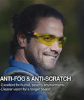 Person wearing Yellow Lens Safety Glasses With Blue Light Blocking And Night Vision Enhancement For Shooting, Gaming And Low Light Work, Anti Fog Z87.1 Eye Protection, Adjustable Arms, Black And Orange.