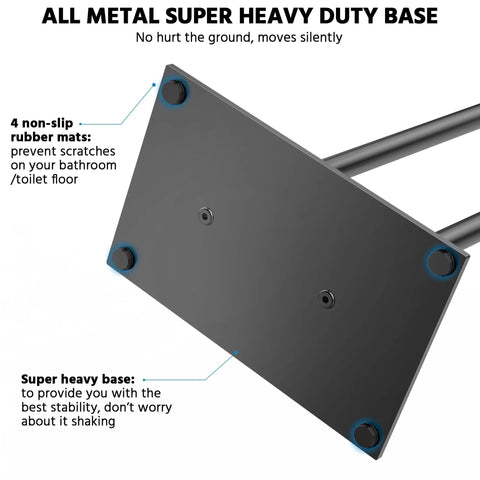 All metal base of Free Standing Toilet Paper Holder With Phone Shelf, Rust Proof Carbon Steel Stand, showing non-slip rubber pads.