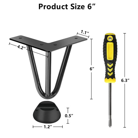 6 Inch 3 Rod Solid Metal Hairpin Furniture Legs Set Of Four In Black Finish Heavy Duty Support Up To 900 Pounds with screwdriver