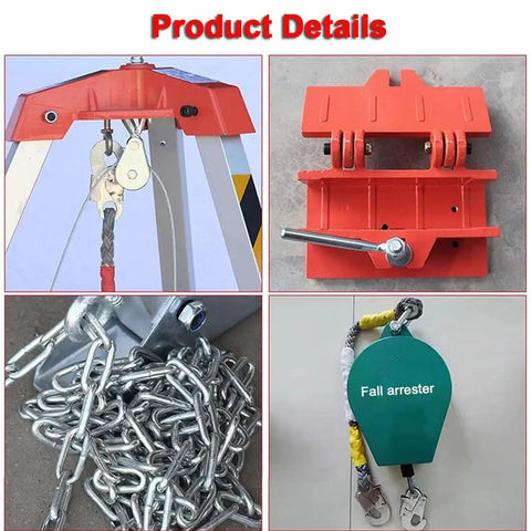Heavy Duty Confined Space Tripod Rescue Kit With Fall Protection And Industrial Lifting System showing winch, fall arresters, and components.