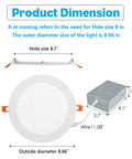 Diagram of Six Pack 8 Inch LED Recessed Lights With Junction Box, showing dimensions and wiring details