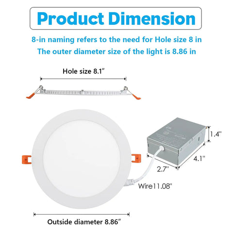 Diagram of Six Pack 8 Inch LED Recessed Lights With Junction Box, showing dimensions and wiring details