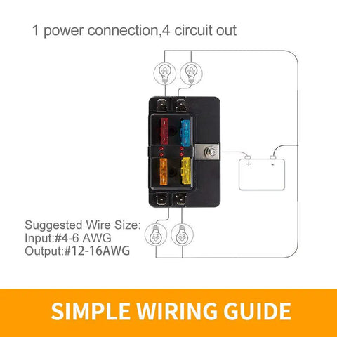Road Ready 4 Way Blade Fuse Box With Built In Led Indicator For Blown Fuses, 4 circuit design with suggested wiring sizes.
