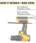 Side view of Pegboard Mounting Adapter Set showing installation with a drill, demonstrating max pegboard and tool rack thickness.
