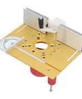 Slick Aluminum Router Lift Kit With Dead Nuts Accurate Dial Scale Flip Plate, gold base, used for woodworking table mount upgrade.