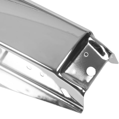 Close-up of chrome steel front bumper impact face bar for 2007–2013 Chevy Silverado showing mounting holes.