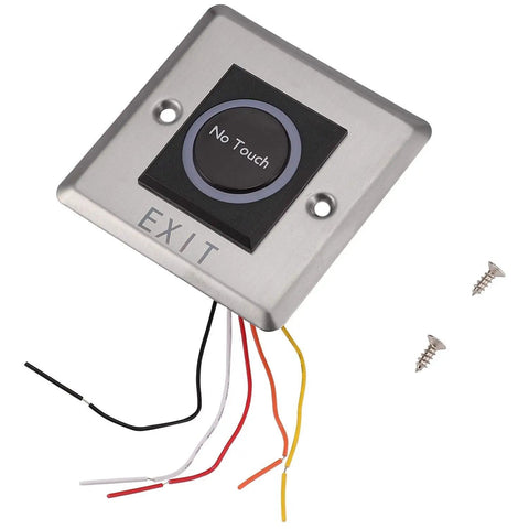 Hands Free Infrared Sensor Switch Exit Button With LED Indicator For Doors And Gates Industrial IP 55 Steel Plate Contactless Door Release Quick Response No Contact Touchless Access Control showing wiring and screws