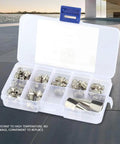 Open box displaying Brass Zerk Grease Nipple Fittings Kit, 32 Piece Assortment For Hot Air Guns And Mechanical Lubrication.