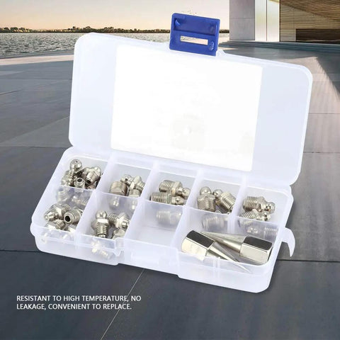 32 Piece Brass Zerk Grease Nipple Fitting Kit M6 M8 M10 in plastic case, compartments filled with fittings, open lid view.