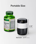 3 In 1 Pill Crusher And Cutter With Stainless Steel Grinding Head And Storage next to magnesium supplement bottle, portable size shown