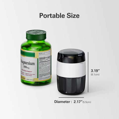 3 In 1 Pill Crusher And Cutter With Stainless Steel Grinding Head And Storage next to magnesium supplement bottle, portable size shown