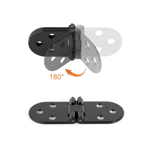 Rounded Corner 180 Degree Foldable Screw On Hinge for Cabinet Flaps and Folding Table Panels, black, showing hinge open and flat positions.