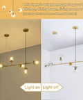 Six Light Gold Sputnik Chandelier With Glass Shades, Height Adjustable Mid Century Brass Pendant Light On and Off View