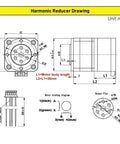 Technical drawing of Compact Strain Wave Gearbox Speed Reducer for NEMA 17 Stepper Motors, showing dimensions and wiring details