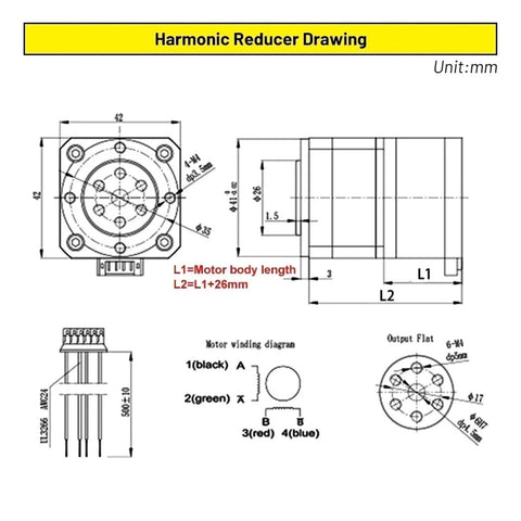 Technical drawing of Speed Reducer Gear Drive For Nema 17 Stepper Motor with Strain Wave Precision, 60mm form factor, 0.70Nm torque.
